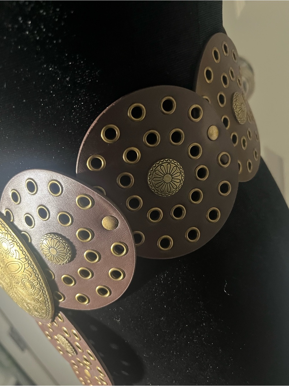 Boho Vintage Brown Leather Disc Statement Belt with Gold Medallions - Picture 2 of 4